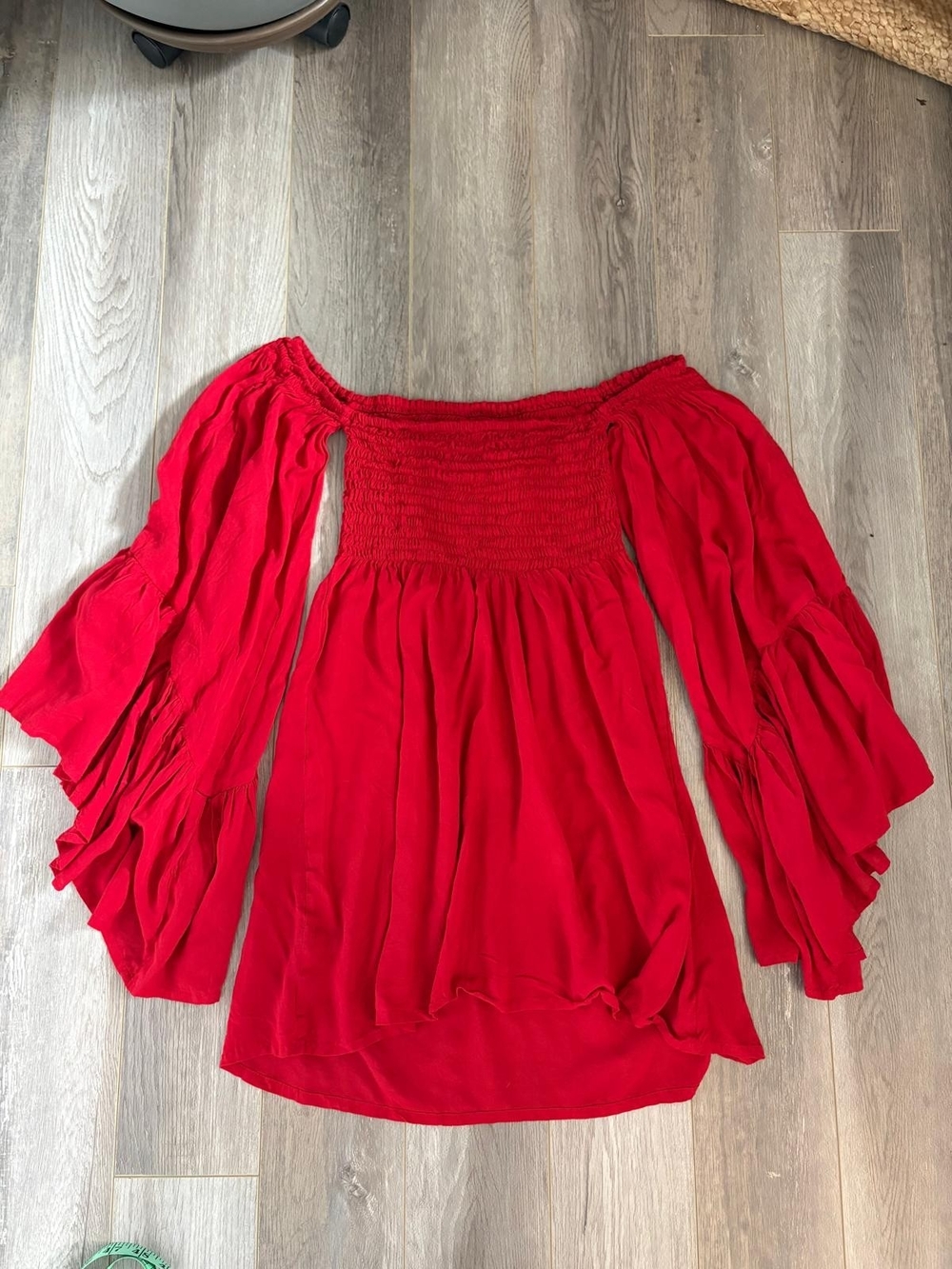 Indah Red Off-Shoulder Smocked Dress with Ruffled Bell Sleeves Small